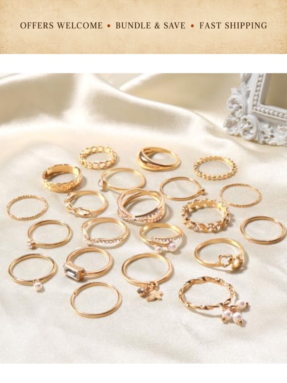 14K Gold Plated Crystal Knuckle Rings Set Stackable Mixed Size 43pc - Picture 4 of 6